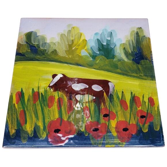 Vietri Pottery Cotto Petrus Bicottura Piana Handpainted Italian Tile/Trivet Cow - Picture 1 of 5